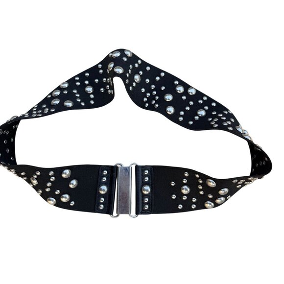 Betsey Johnson Leather Stretch Embellished Clasp Belt Medium Black Silver - Picture 1 of 6